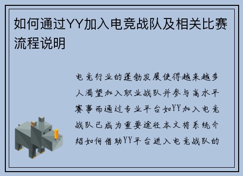 如何通过YY加入电竞战队及相关比赛流程说明